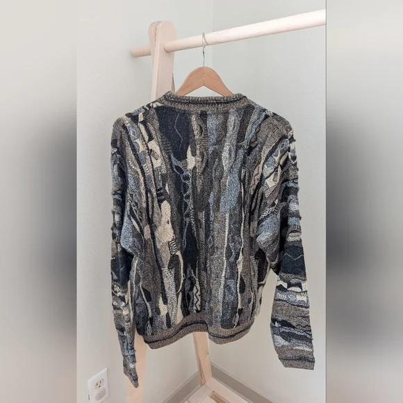 Vintage 90's Coogi Style Abstract Texture Chunky Crewneck Sweater In Tan/Black - Picture 7 of 8